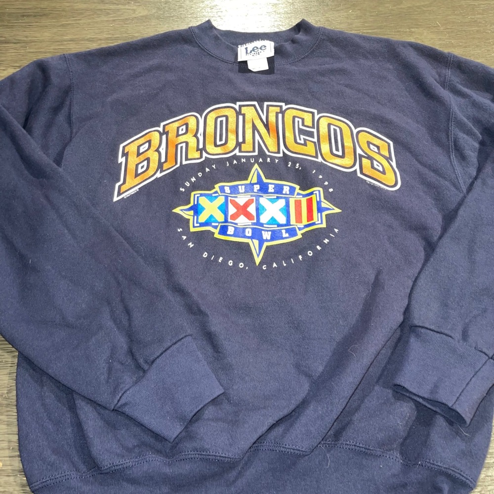 Lee Mens XL Navy Blue Sweatshirt Denver Broncos Super Bowl XXXII 1998 Vintage